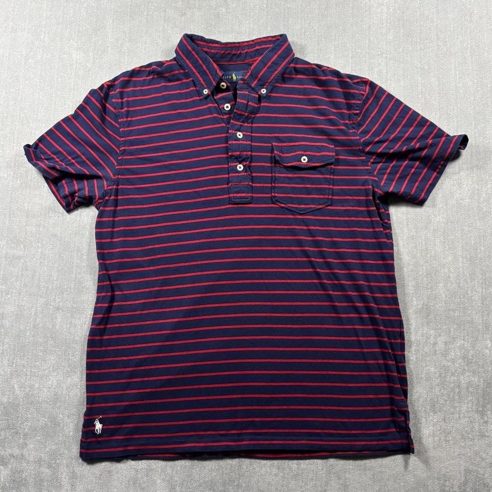 Ralph Lauren Mens Blue Red Striped Short Sleeve Pocket Polo Shirt Size L